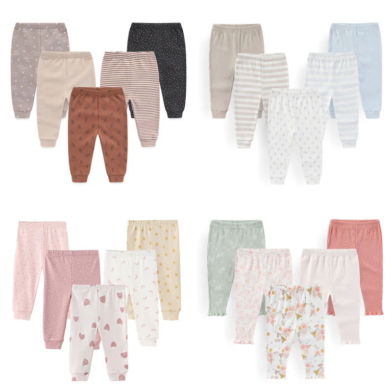 Cotton Newborn Baby Boy Pants 4/5Pieces Autumn Print Baby Girl Trousers Cartoon 0-12Months Solid Color Spring Bebes