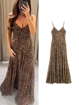 Ladies Sexy Summer Dress Women Vintage Leopard Print Sling Dress Party Suspender Sleeveless Backless Slimming Maxi Dress Female