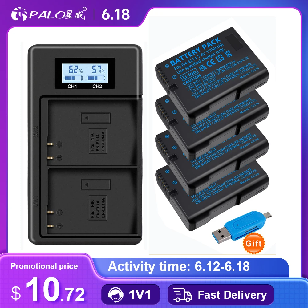 Bateria com carregador LCD para Nikon, EN EL14, EN EL14A, D3100, D3200