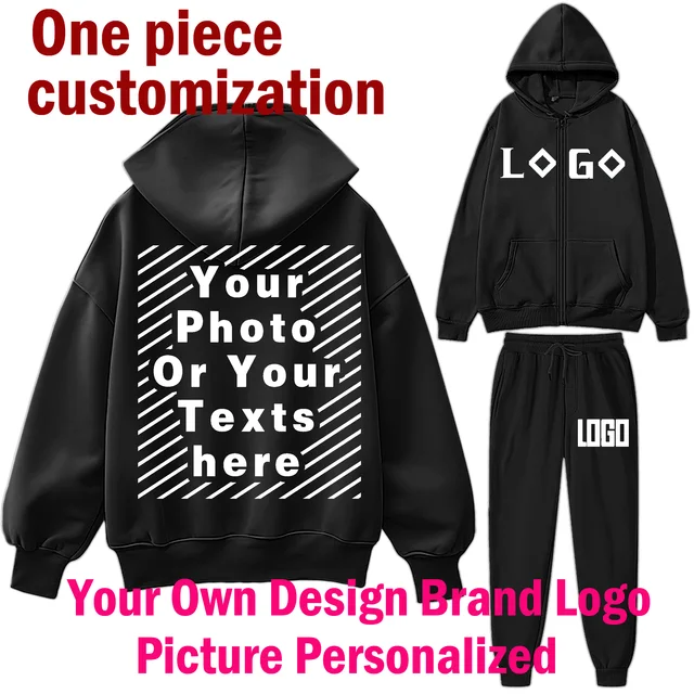 DIY Customize Your LOGO Tracksuit Suit Autumn Fashion Warm Hoodie Sweatshirts Two Pieces Oversized Solid Casual Hoody Pullovers 1