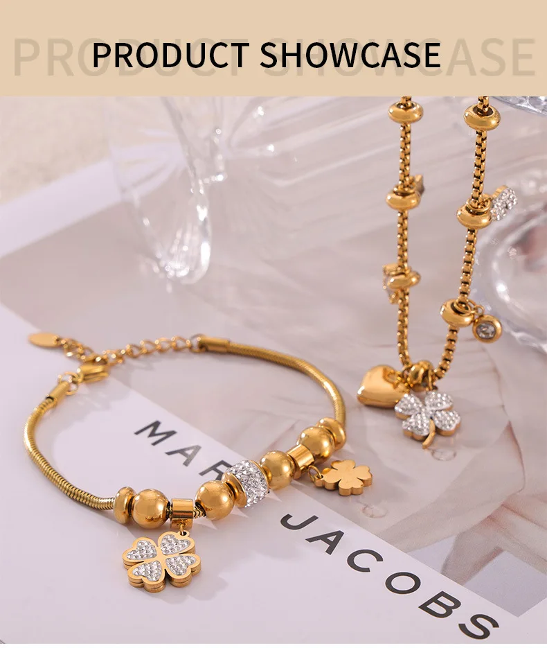 316L Edelstahl Vergoldetes Herz-Anhänger Halskette Armband Set Damen Luxus Kristallblumen Hochzeitsschmuck Geschenk – Detail 6