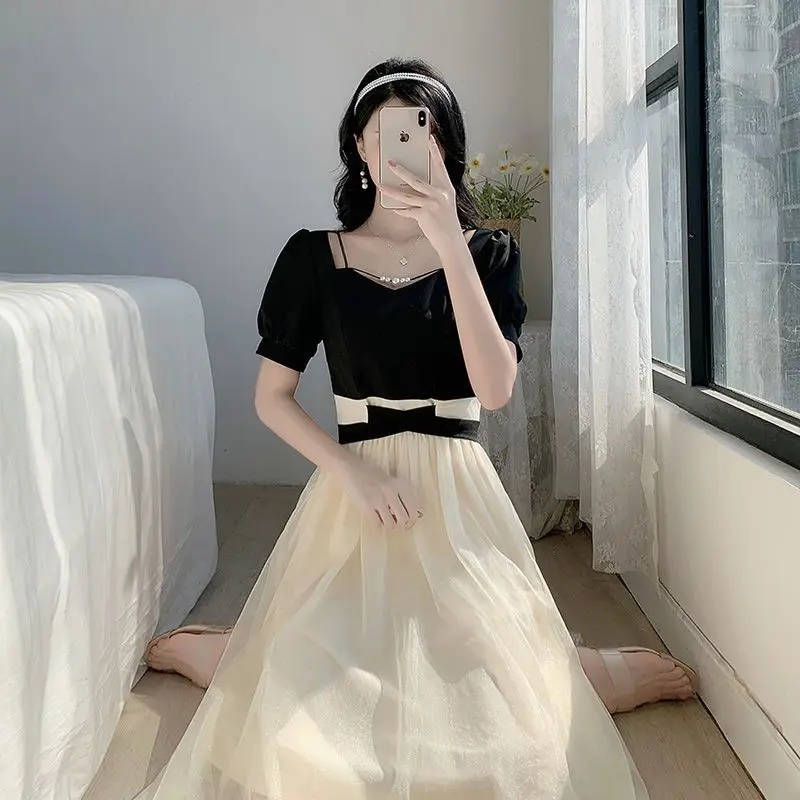 

Temperament Women's Clothing Net Yarn Splicing Short Sleeve Summer Clothes Elegant Lacing Black Slim A-line Midi Dresses