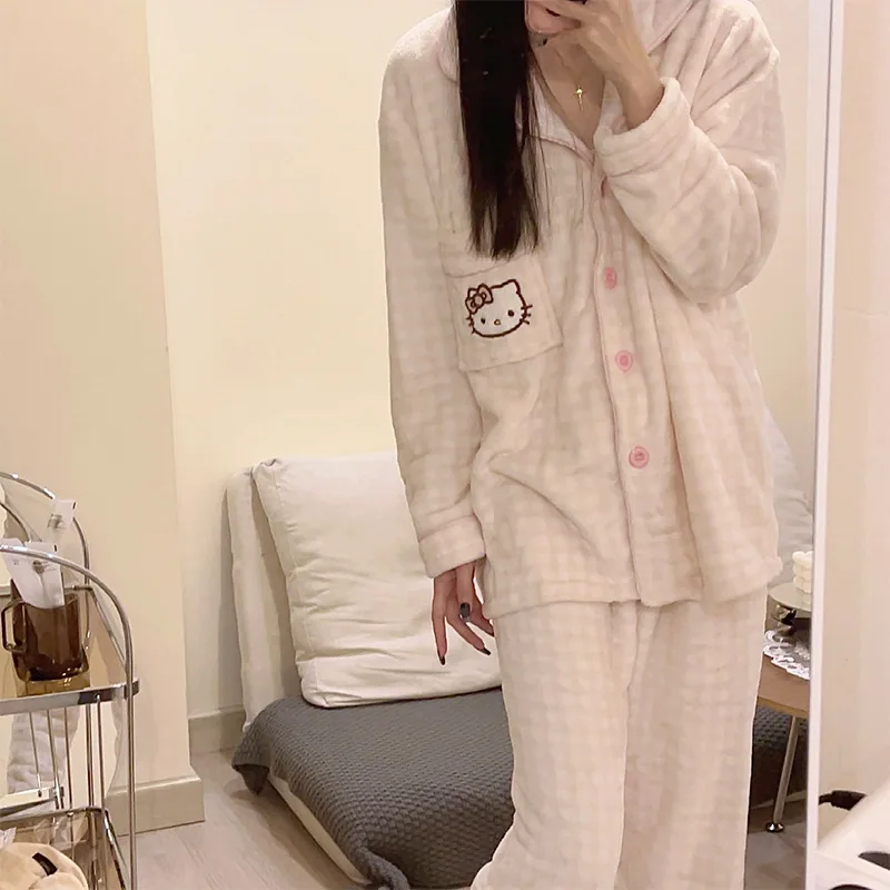 

Anime Cartoon Sanrio Hello Kitty Kuromi Pachacco Women's Flannel Pajamas Autumn Winter New Plaid Long-Sleeved Cardigan Home Wear
