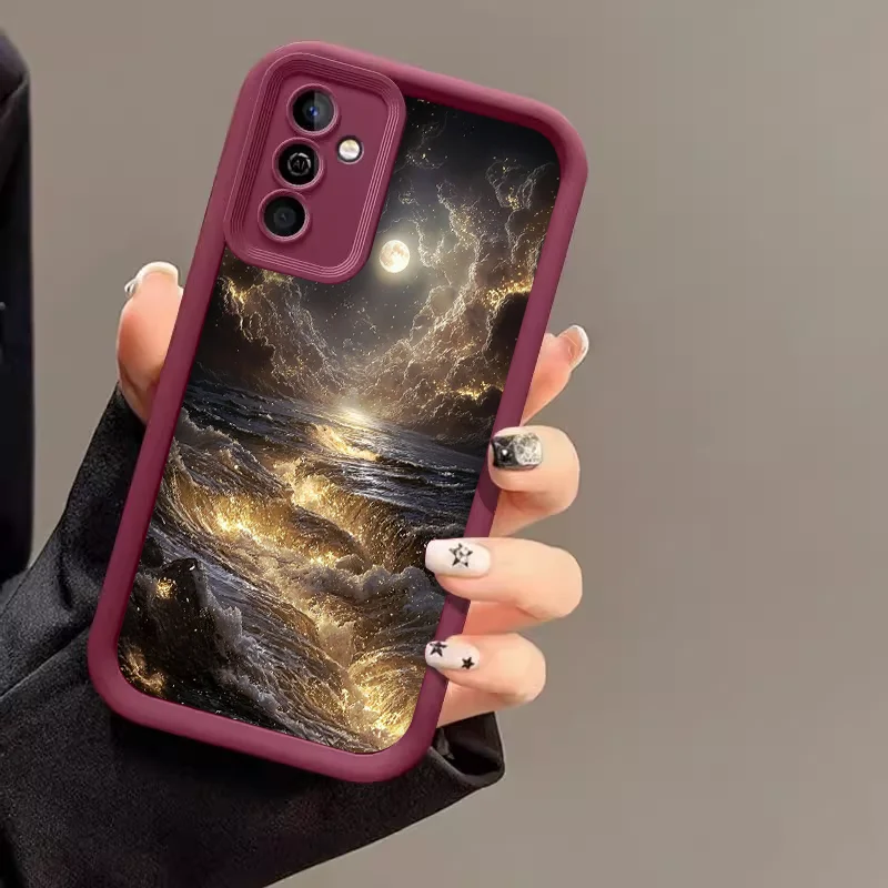 Golden Clouds and Starry Sky Artistic Phone Case - Whimsical Moonlight Landscape Design