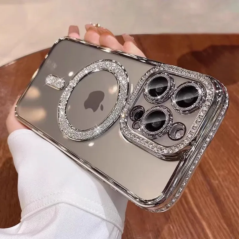 iPhone Case Shockproof Wireless Charging Glitter Case For iPhone 16 15 14 13 12 11 Pro Max Plus Magnetic 17 Air Compatible Rhinestone Cover