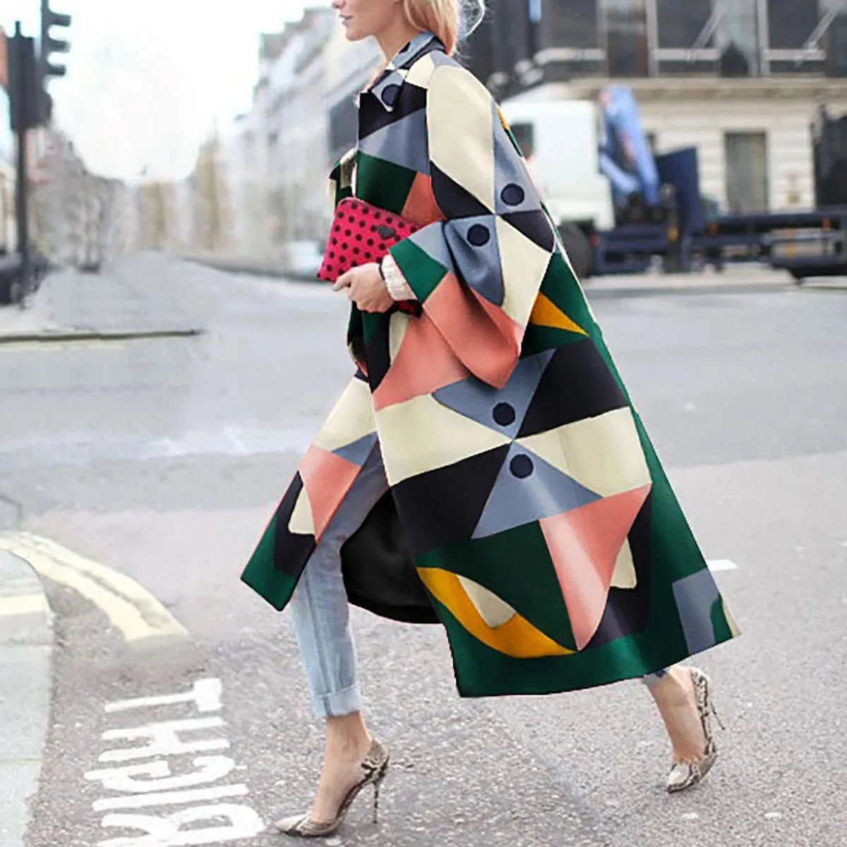

Autumn and Winter Long Flared Sleeve Windbreaker Jacket Commuter Loose Geometric Print Design Coat Europe and the United States