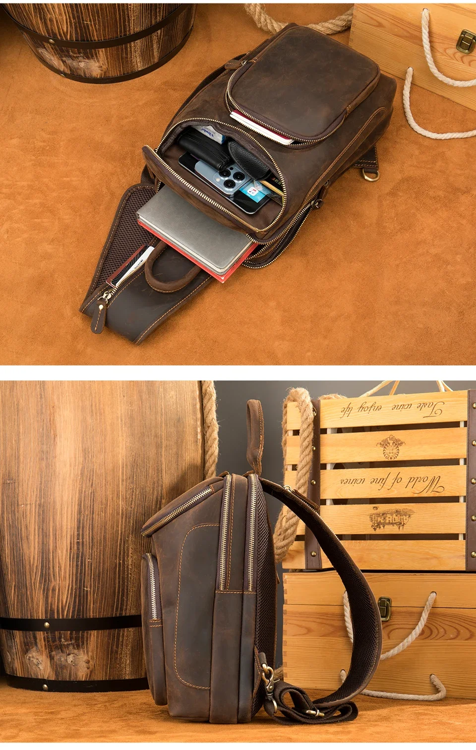 Genuine Leather Chest Bag for Men Outdoor Travel