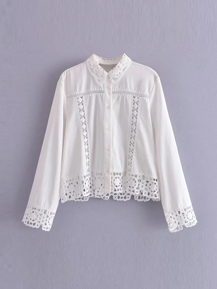 

Kumsvag 2022 Summer Women Casual Shirts Blouses Tops White Lace Hollow Out Loose Female Fashion Sweet Street Top Smock Blusas