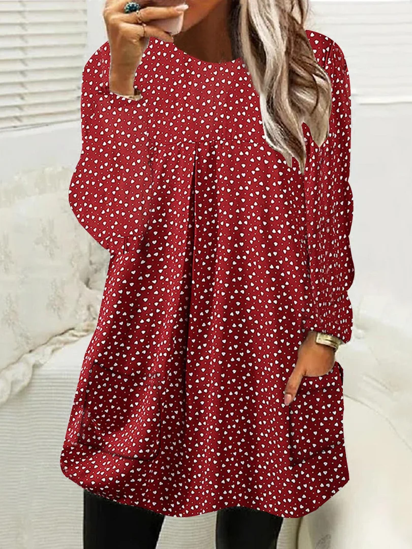 

Plus Size Women Long Sleeve Scoop Neck Printed Pockets Tops
