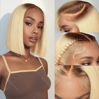 #4/613 Highlight Blonde Short Bob Wig Human Hair 13x4 Lace Front Wig Human Hair PrePlucked Blonde Mix Brown Color Human Hair Wig