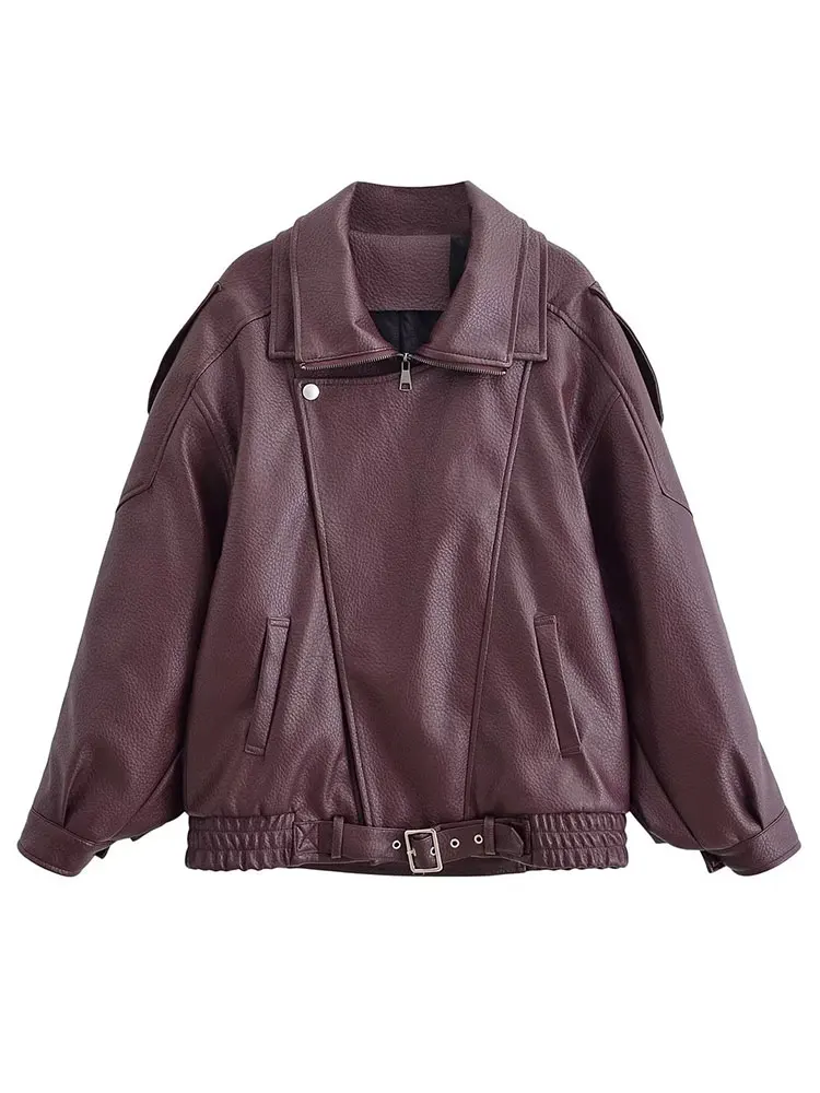 HH Women Vintage Solid Faux Leather Jacket Lapel Long Sleeve Zipper Jackets Female Autumn Winter Thick Warm Lady Outerwear