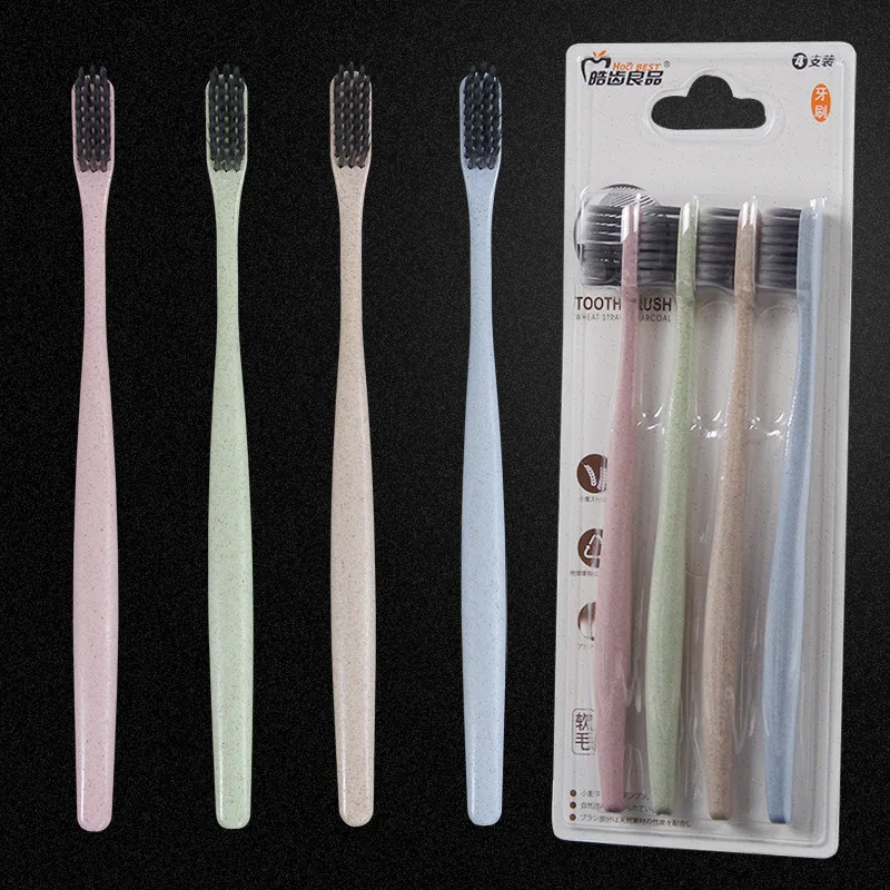 

Sdotter 4pcs Eco Friendly Wheat Straw Toothbrush Tooth Cleaning Soft Slim Tip Binchotan Charcoal Bristle Brush Adult Teeth Brush