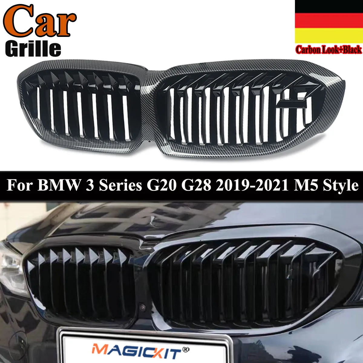 

MagicKit For BMW 3 Series G20 G21 G28 19+ M5 Style Kidney Grille Grill Carbon Look+Black