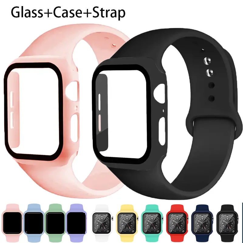 

Glass+Case+Strap For Apple Watch band 44mm 40mm 45mm 41mm 38-42mm 45 mm Original Silicone bracelet iWatch series 8 9 7 6 5 4 SE