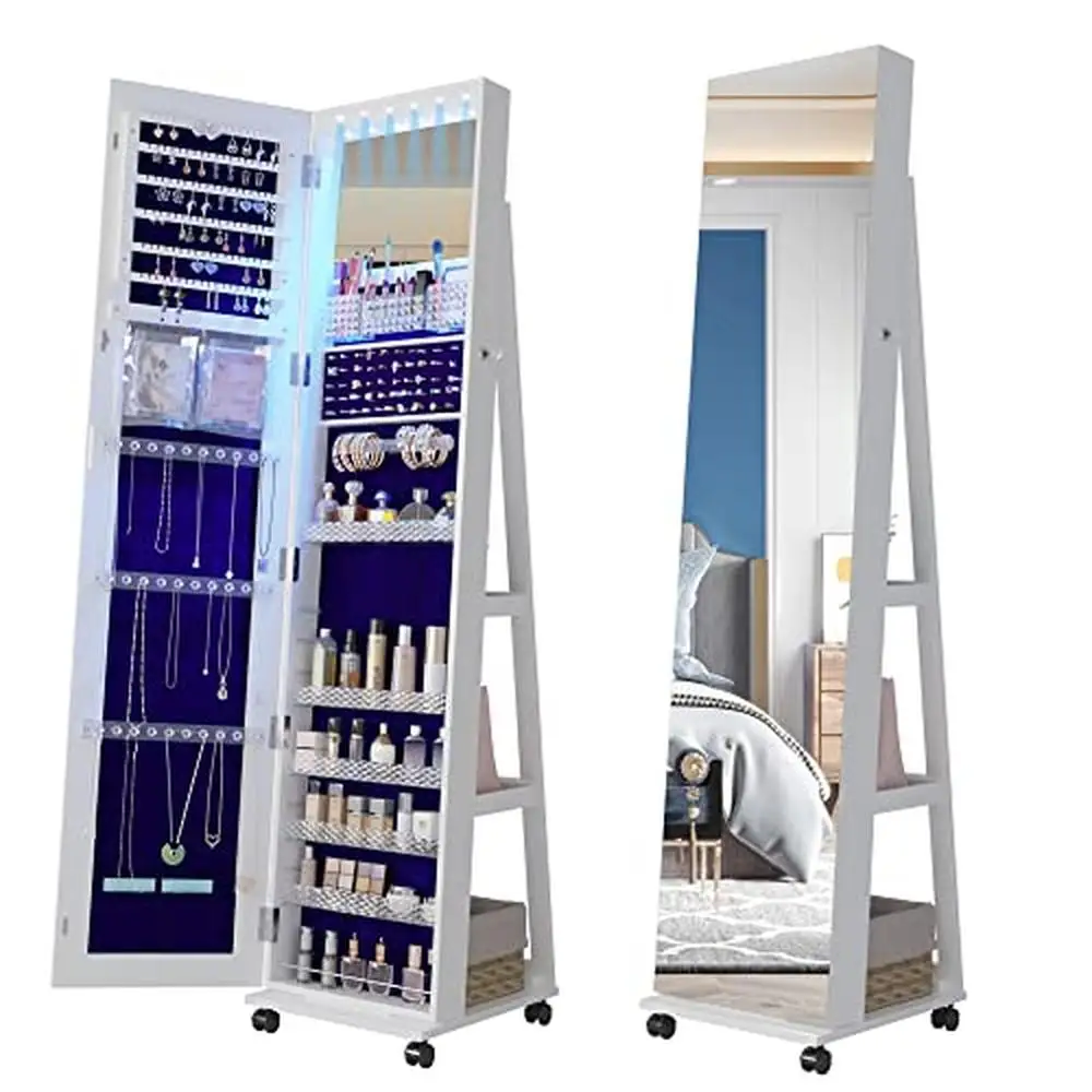 

64'' Rotating Jewelry Armoire LED Lights Mirror Full Length Lockable Floor Organizer Storage Rear Compartments Velvet Pockets