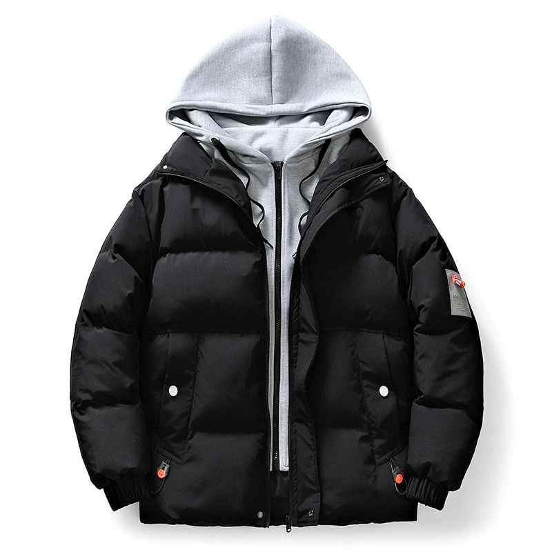 

Men Winter Fake Two-Piece Hooded Baseball Clothes Jacket Unisex Lightweight Parkas Thick Warm Oversize Cotton-Padded Windbreaker