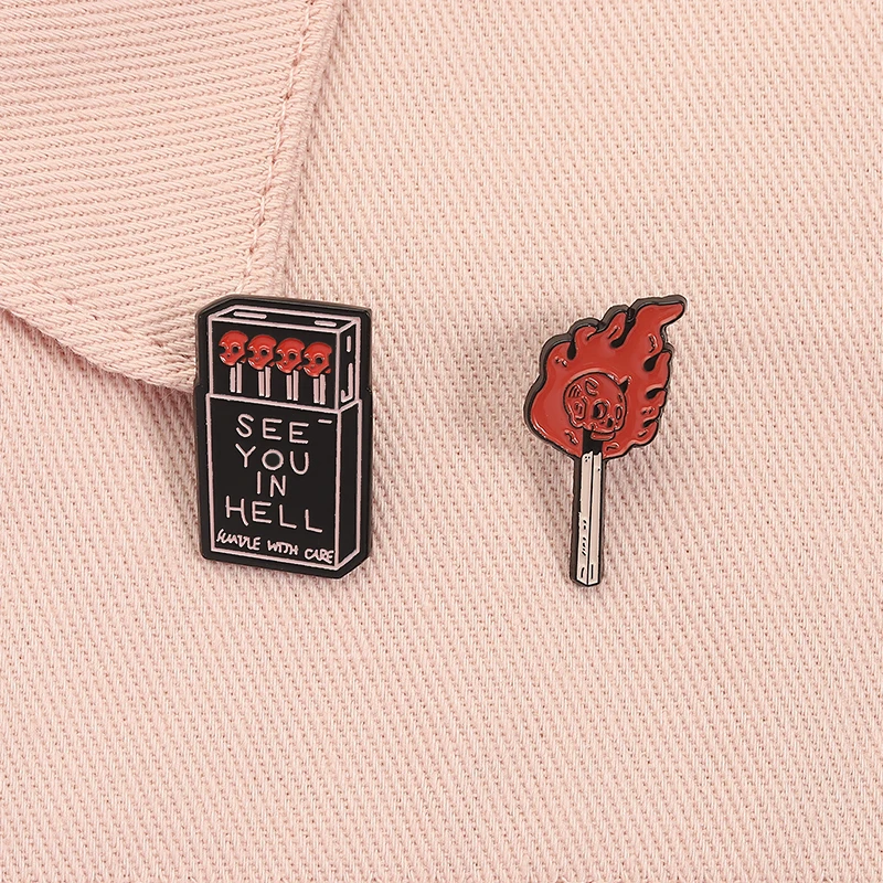Horror Skelett passt zu Emaille Pins Punk See You In Hell Matchstick Box Broschen Rucksack Revers Abzeichen Halloween Schmuck Geschenke – Detail 8