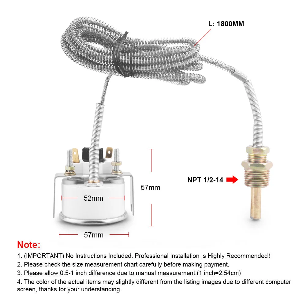 12V 2인치 52mm 기계식 수온계 40-120 ℃ /100-250 ℉   센서 NPT 1/2가 있는 수온 게이지 자동차 미터