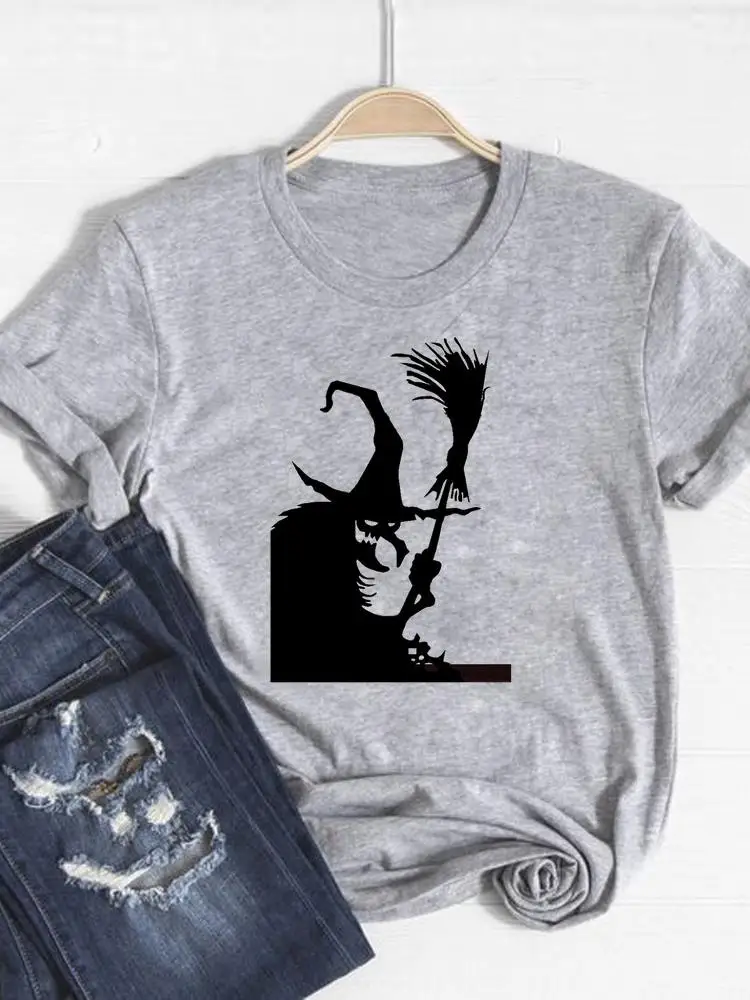 티 탑 여성 가을 ??가을 숙녀 티셔츠 추수 감사절 마녀 얼굴 스타일 트렌드 옷 할로윈 그래픽 프린트 티셔츠 옷