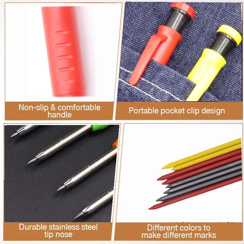 2.8mm Solid Carpenter Pencil, Deep Hole Marking Pencil, Carpenter Mechanical Pencil Built in pencil sharpener Scriber Refill 4