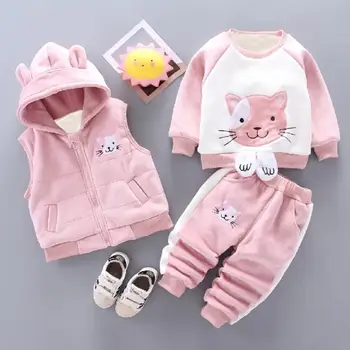 Alternative view of Conjunto de tres piezas para niño y niña, abrigo de felpa de dibujos animados, chaleco con capucha y pantalones…