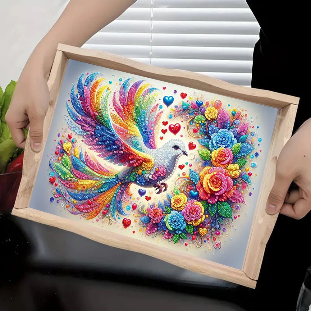 Wooden Beautiful Pattern 5D DIY Diamond Painting Serving Tray with Handle DIY Diamond Painting Food Tray Kit for Coffee Table