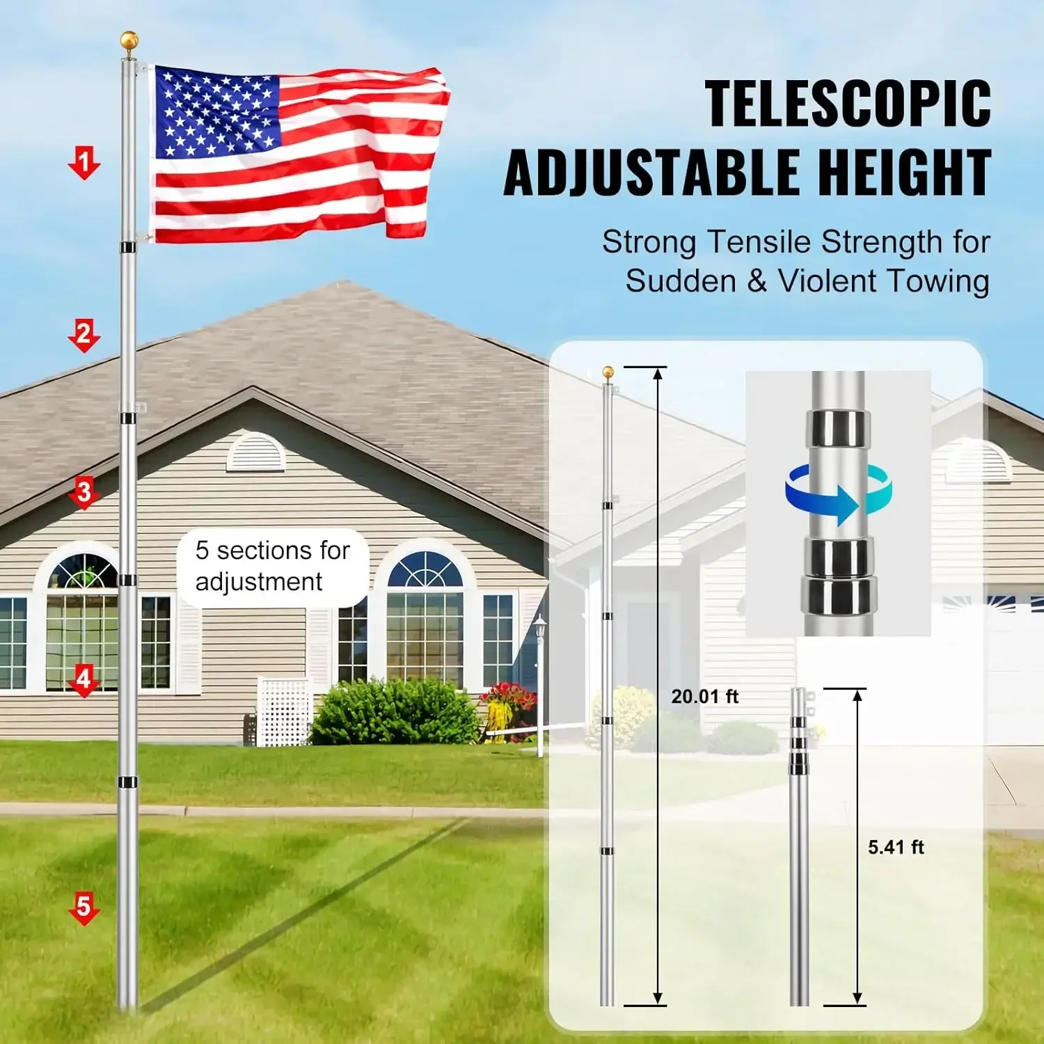 20FT Telescoping Flag Pole Kit, Heavy Duty Aluminum Alloy in Ground Flag Polesn 3 Display Modes Flagpole with 3x5 American