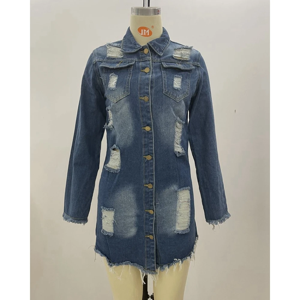 Elegant Autumn Women Hollow Out Tassel Hem Asymmetric Denim Coat Femme Long Sleeve Pocket Design Jackets Casual Outfits Clothing