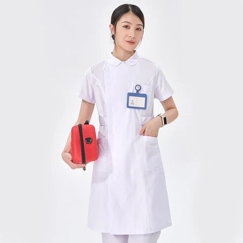 

White Nurse Gown Women Medical Scrub Uniform Robe Short Sleeve Workwear Hospital Scrubs Dress Healthcare Uniforms 903