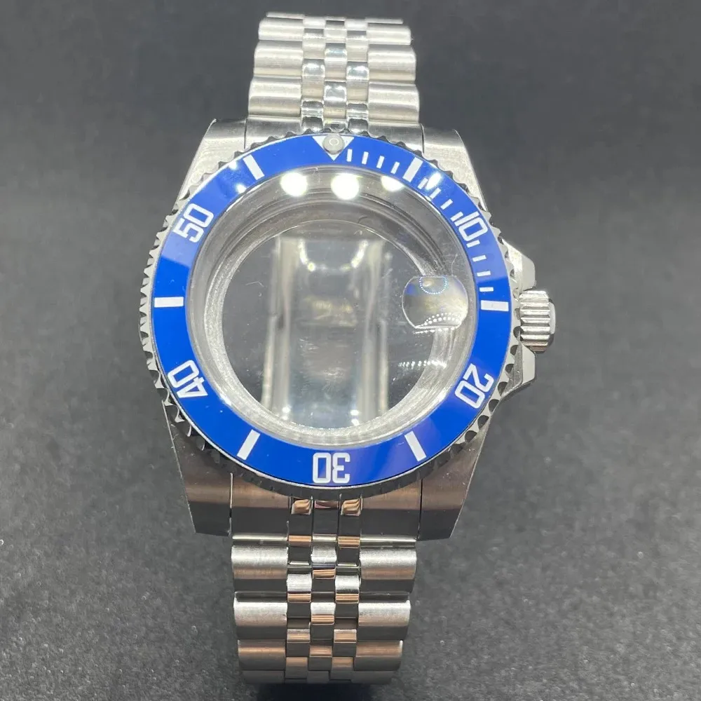 Elegant 40MM Stainless Steel Watch Case with Solid Bracelet and Glide Lock Clasp