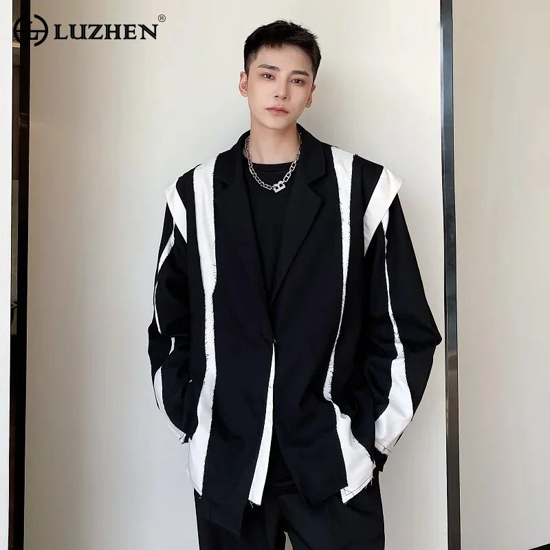 

LUZHEN 2024 Spring Trendy Color Contrast Asymmetric Splicing Design Casual Blazer Coat Men's Fashion High Street Jacket 9f42e3