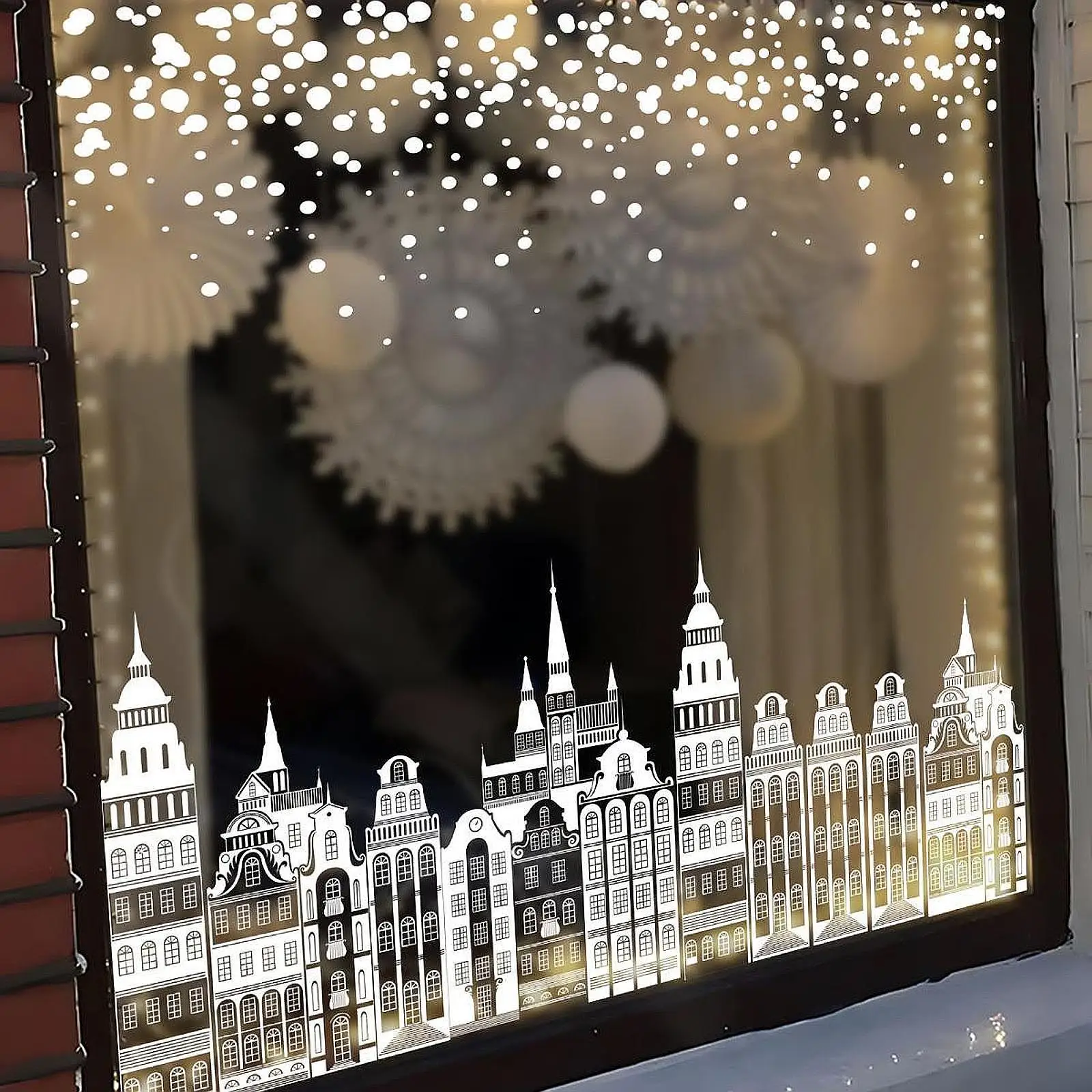 Christmas White Village Window Cling,Street Scene Window Cling Home Office Glass