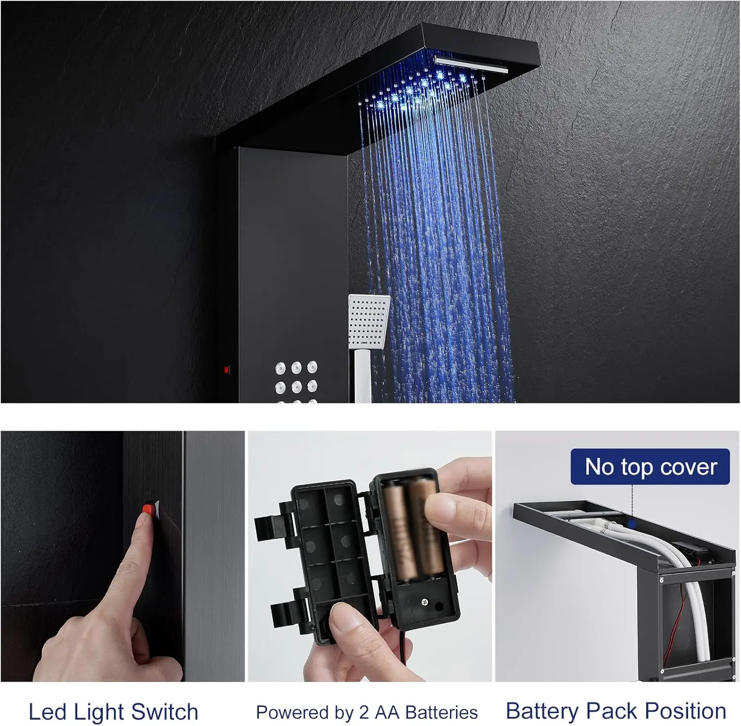ROVATE LED Shower Panel Tower System Stainless Steel, Rainfall Waterfall Shower Panels with Jets and Handheld