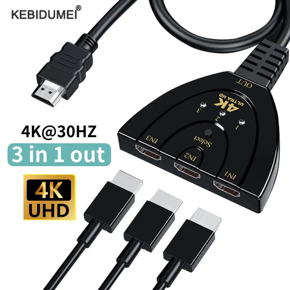 4KHDMISwitchCableHDVideoSwitcherAdapter3Input1OutputPort