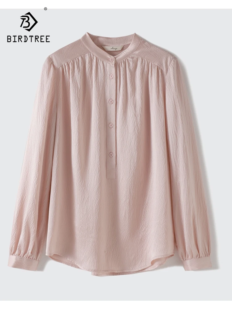 

Birdtree 100%Mulberry Silk Elegant Solid Shirt Autumn Winter Women Long Sleeve OL Commuting Straight Tube Type Blouse T30464QC
