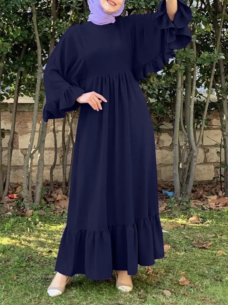Muslim Middle East Women Dresses Turkey Dubai Loose Casual Female Robe Islam Eid Mubarak Solid Color Large Hem Ladies Robe