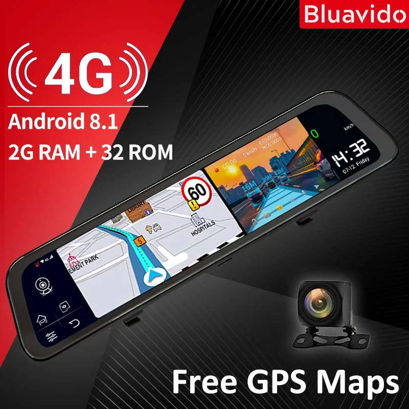 

Bluavido 12 Inch 4G Android 8.1 Car DVR GPS Navigation 2G RAM 32G ROM 1080P Dash Cam Rearview Mirror Auto Video Camera Recorder