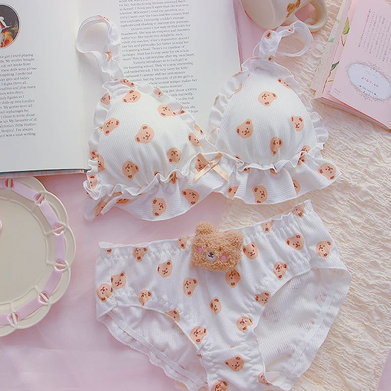 

Little Bear Bra and Panty Set Kawaii Lolita Push Up Bra Padded Cartoon Japanese Girl Soft Cute Underwear Thin Bras Bralette Set