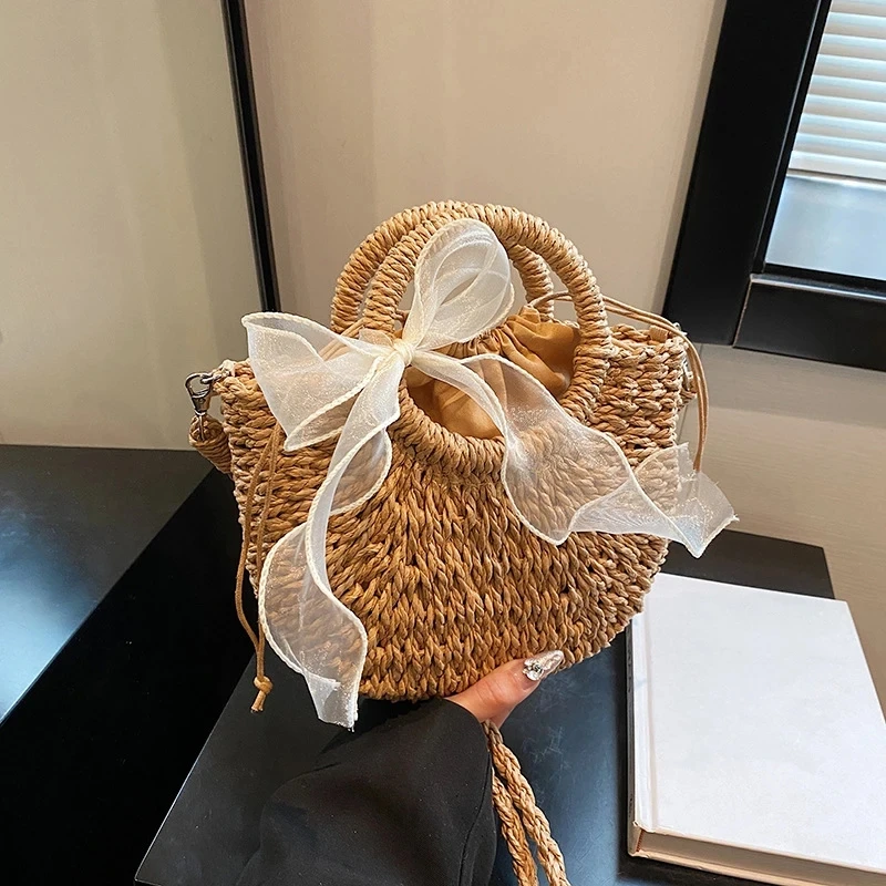 Straw Bag Women Hand-Woven Handbag Moon Shape Lace Bow Rattan Bag Big Capacity Drawstring Casual Beach Shoulder Crossbody Bag