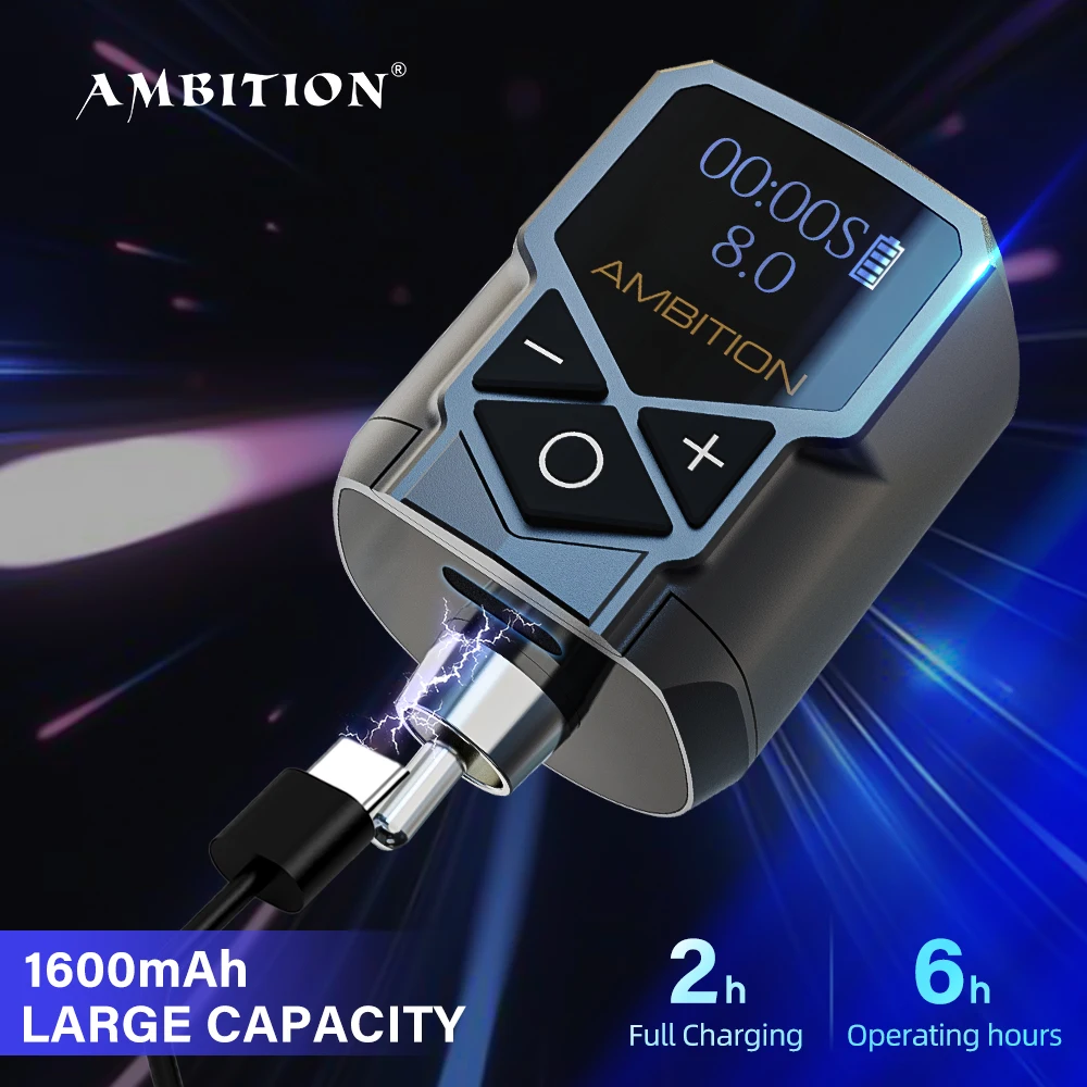 Ambition Kuark-fuente de alimentación inalámbrica para tatuaje, máquina de batería de 1600MAH, interfaz RCA, 5-7 horas de carga rápida para artista profesional