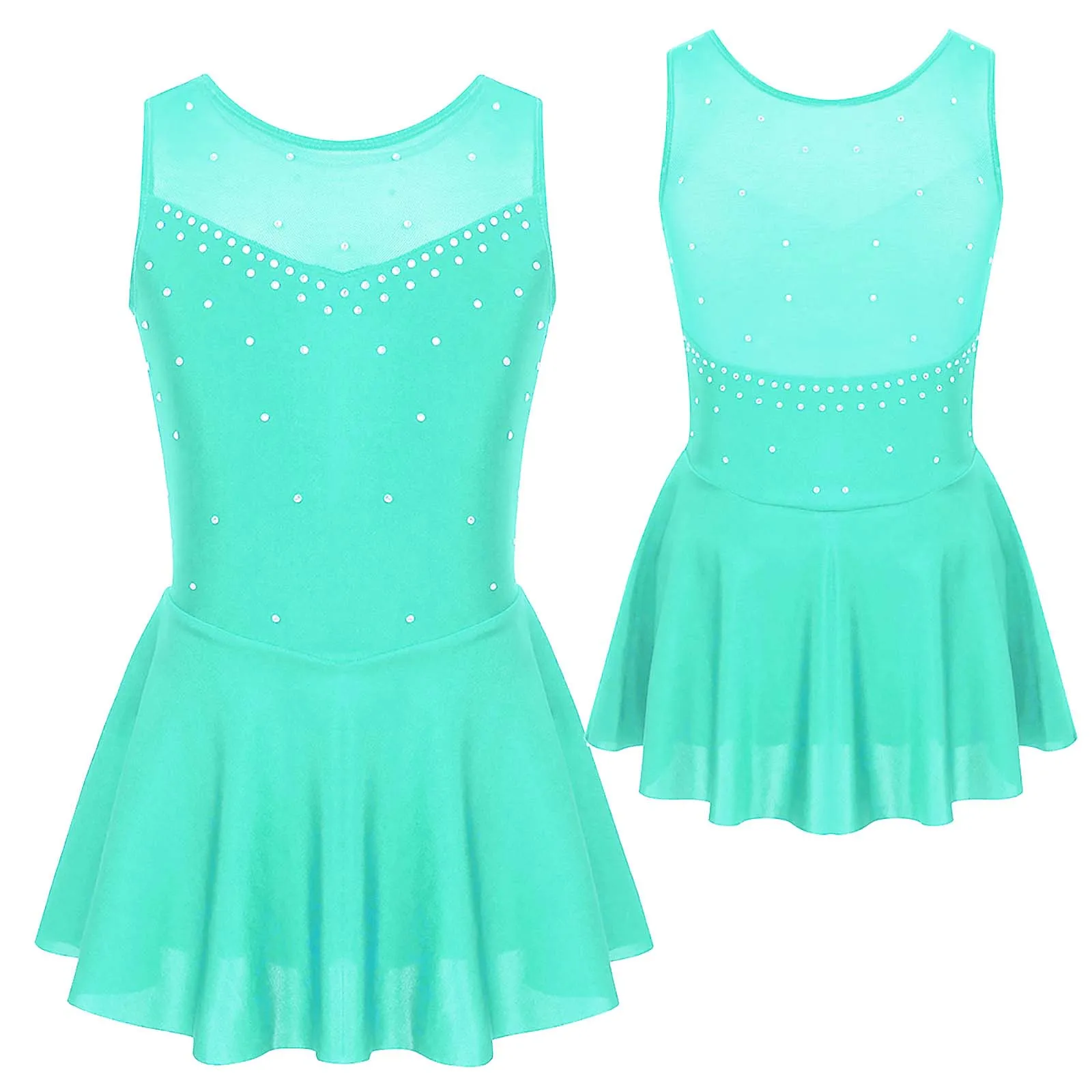 Kinder Mädchen Mesh Splice Strass Eiskunstlauf Kleid Ballett Tanz Bühne Leistung Tanz Kostüme – Detail 35