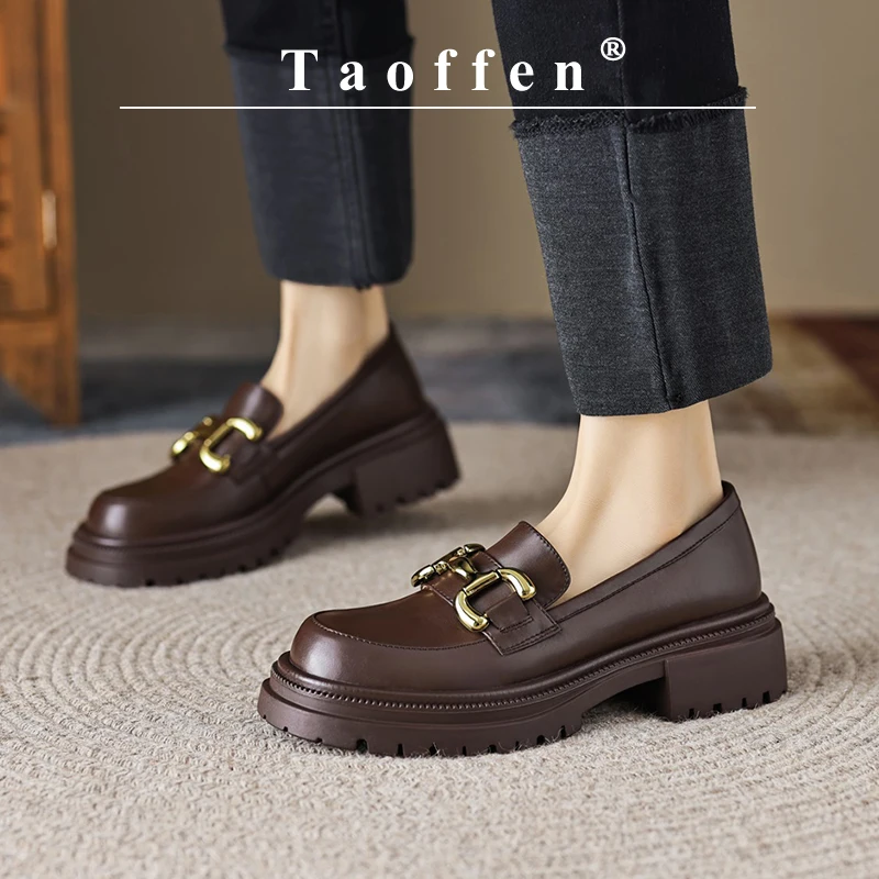 

Женские повседневные Лоферы Taoffen, туфли-лодочки из натуральной кожи на квадратном каблуке с металлическим украшением, офисные туфли без шнуровки с круглым носком