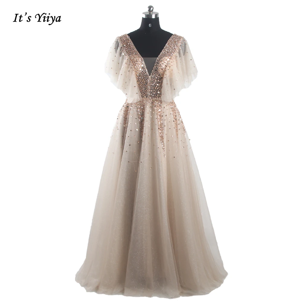 

Evening Dress Golden Beading Quality V-neck Tulle Short Sleeves Lace up A-line Floor Length Plus size Women Party Dresses B2203