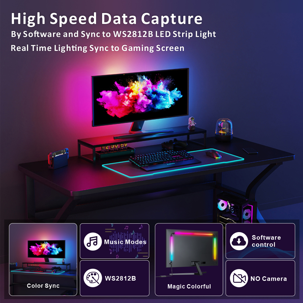 PC Gaming Display Sync Backlight Strip USB NO Camera Ambient Back Light 24'' Computer Monitor Screen Color Synchronize LED Strip