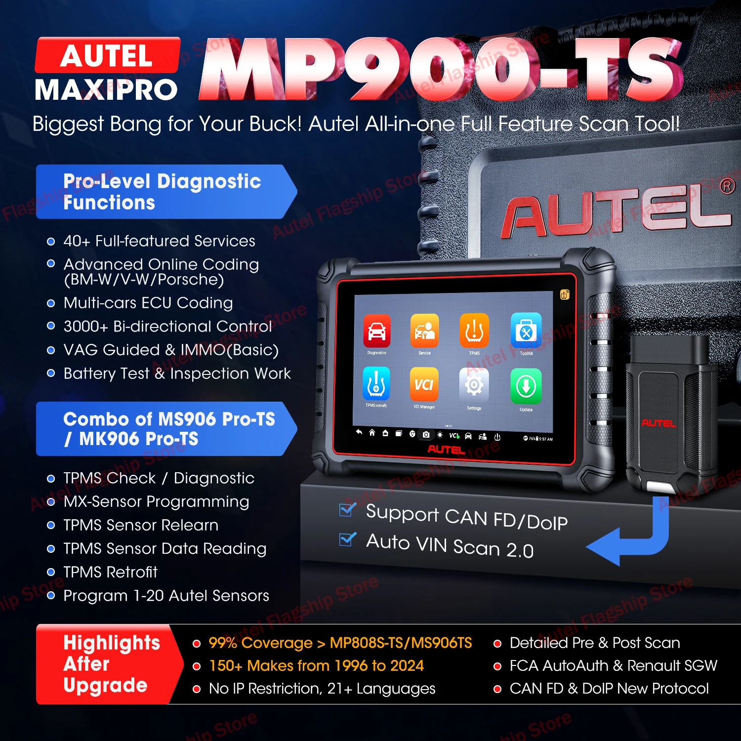 Autel MaxiPRO MP900-TS Car OBD2 Scanner TPMS Programming Relearn Diagnostic Tools ECU Coding Active Test CAN FD/DoIP PK MP808BT 2