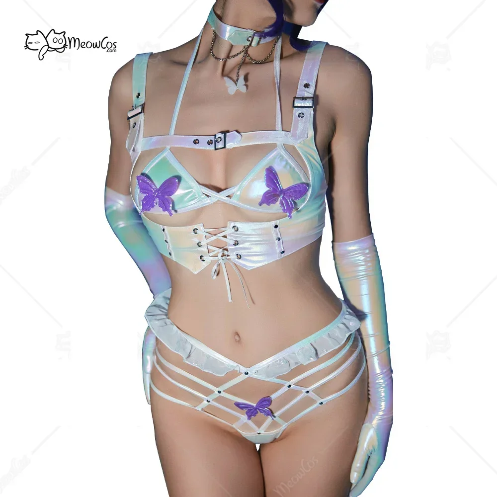 

Meowcos Women Lingerie Sleepwear Sexy Costumes Set with Butterfly Decorations Flirty Bra and Panties with Corset