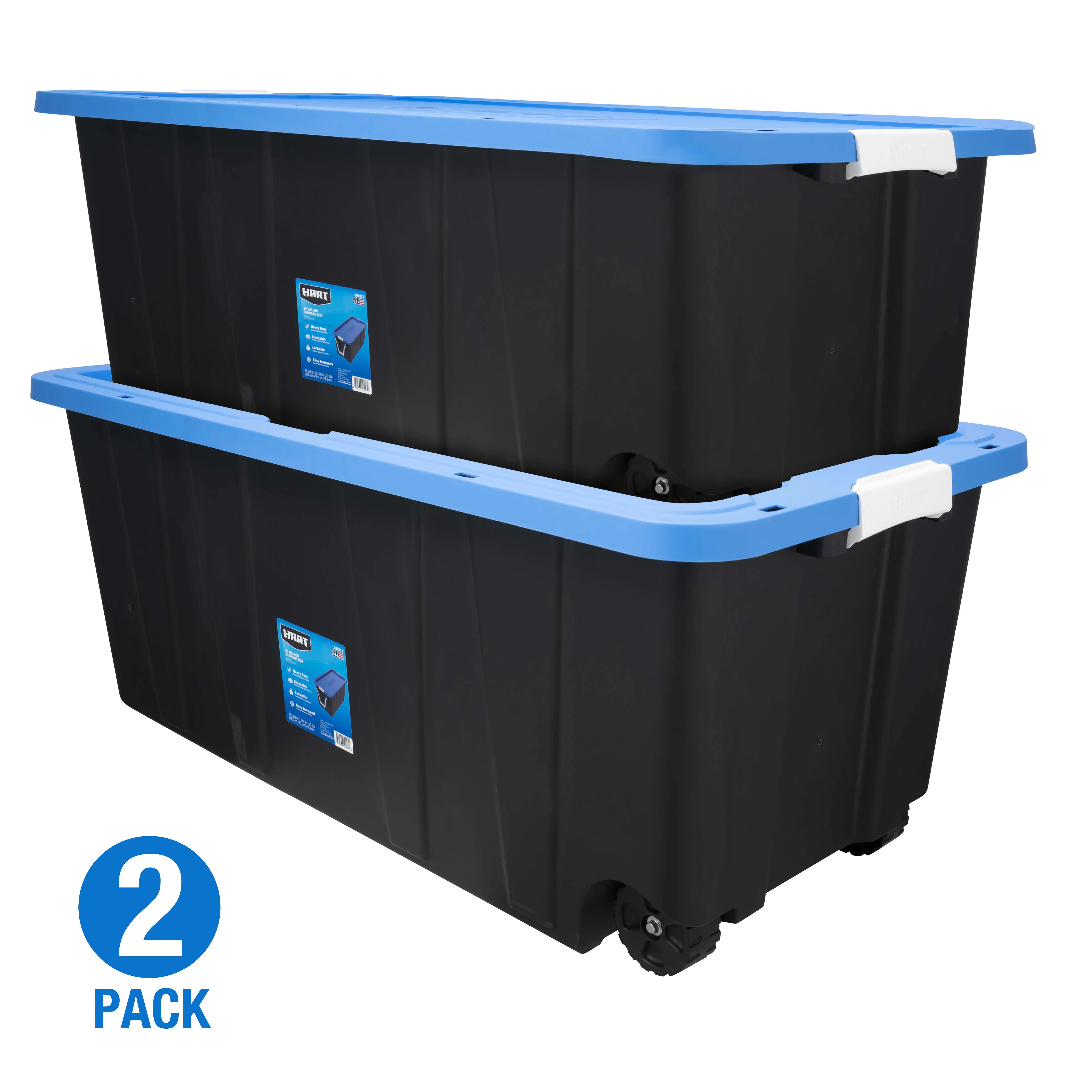 

HART 50 Gallon Rolling Plastic Storage Bin Container with Pull Handle, Black Blue Lid, Set of 2