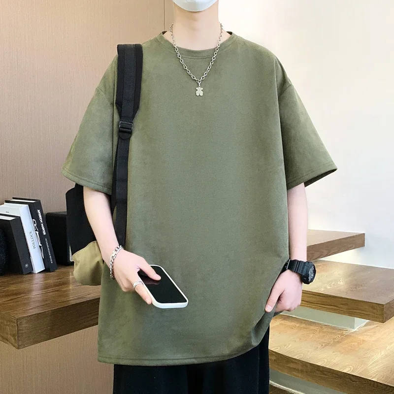 

Мужская однотонная замшевая футболка, 11 цветов, корейская мода 2024, базовые футболки, топы с коротким рукавом унисекс, футболки, летние футболки для отдыха с круглым вырезом