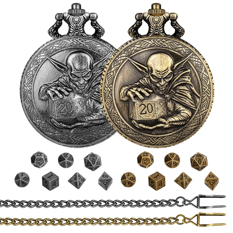 7 Teile/satz Mini Größe Metall Polyedrische Würfel für Rollenspiel Rpg Würfel Kobold D20 Würfel Taschenuhr Fall Anhänger Kette – Detail 1