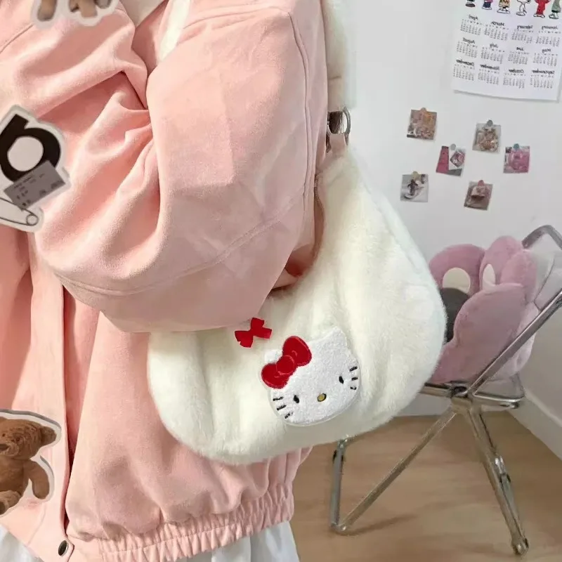 MBTI Hello Kitty Shoulder Bags for Women Trend 2024 White Plush Cute Sweet Handbag Y2k Original Female Fashion Aesthetic Bags